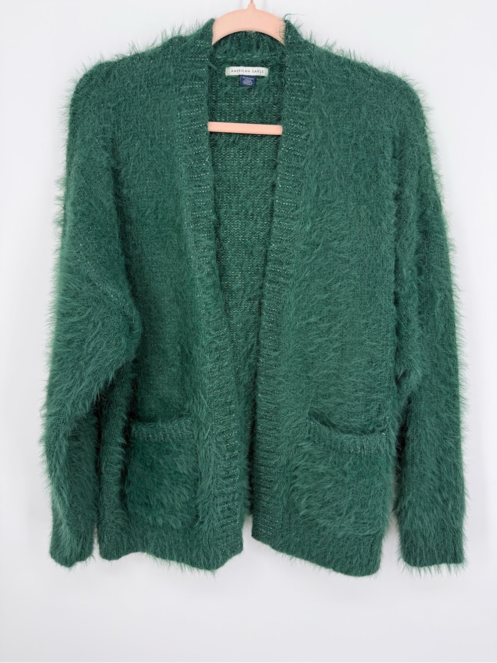 American Eagle Cardigan Women XS Green Fuzzy Knit Open Pockets Cozy Oversized